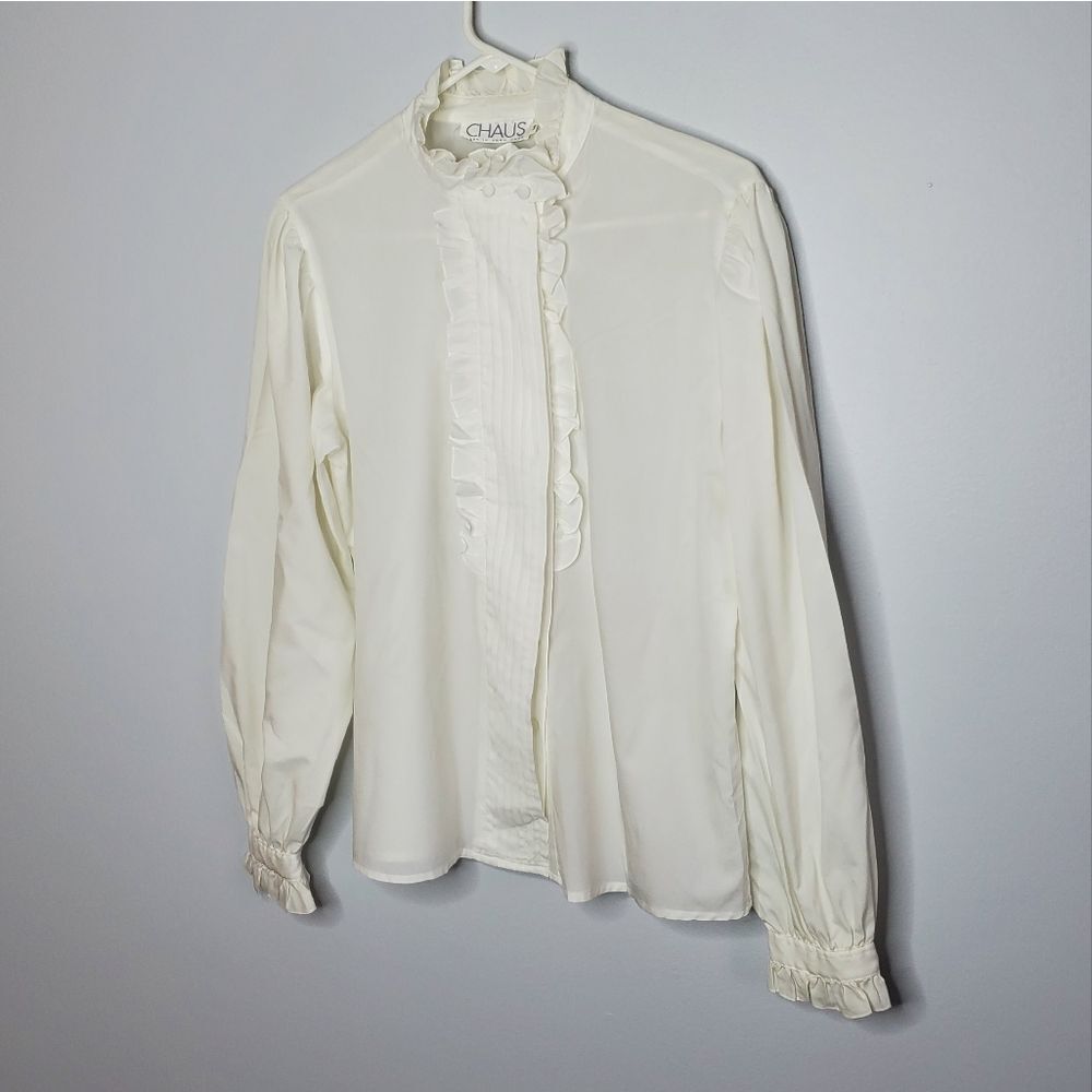 Chaus 14 Cream Long Sleeve Button Down Dress Shirt Vintage Formal Ruffled Pleats